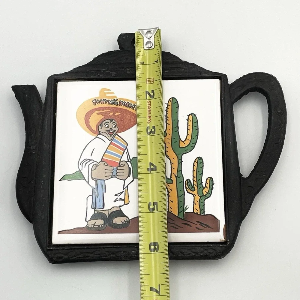 Vintage 1970s Cast Iron Teapot Trivet Mexican Cactus Tile South‎ of the Border